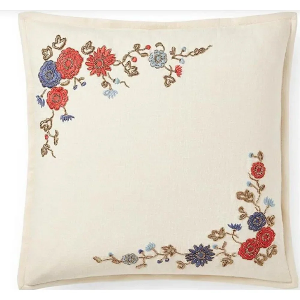 New Ralph Lauren Macall Embroidery Pillow Cover 18x18 Cream Floral Linen